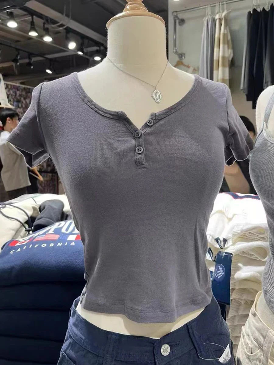 Blue Three Buttons Slim Crop Top Women Casual O-neck Cotton Short Sleeve T Shirt Grils Vintage Sweet Preppy Style Basic T-shirts