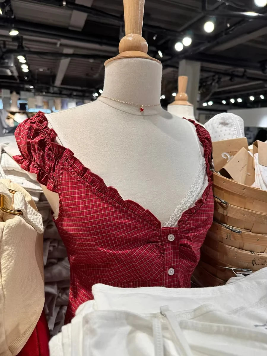 Retro Plaid Slim T-shirts Blouse Women Ruffles Single Breasted V-neck Short Puff Sleeve Shirt Vintage Preppy Style Sweet Tops
