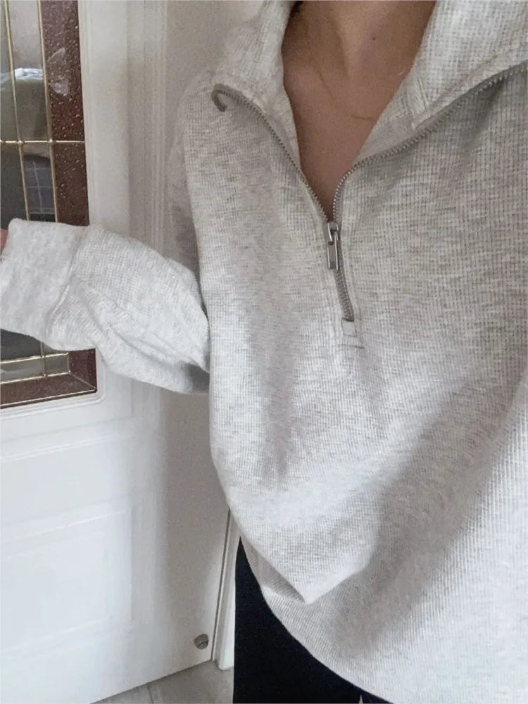 Simple Gray Waffle Half Zip-up Sweatshirts Women Autumn New Casual Cotton Long Sleeve Hoodies Streetwear Sweet Pullover Tops Y2K
