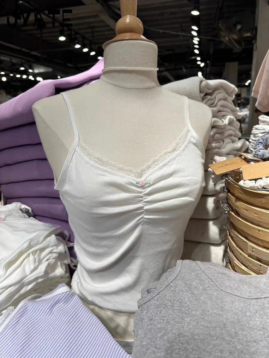 Sweet White V-neck Flower Folds Tank Tops Women New Cotton Casual Slim Lace Trim Sleeveless Vests Cute Vintage Chic Camisole Y2K