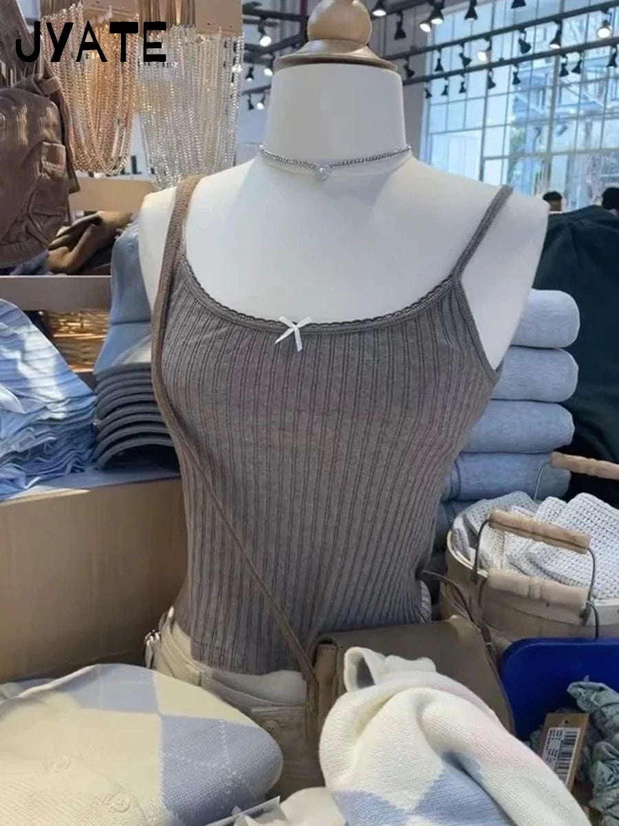 Fashion Blue Bow Texture Cotton Tank Tops Women Casual Cotton Lace Trim Summer Slim Cropped Vest Sweet Cute Vintage Camisole Y2K