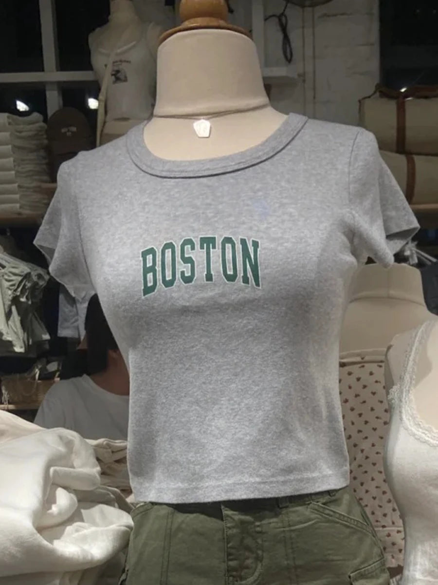 Vintage Basic Letter Print Cotton Crop Tops Women Summer O-neck Simple Gray Short Sleeve Tees Female Harajuku Chic Y2K T-shirts