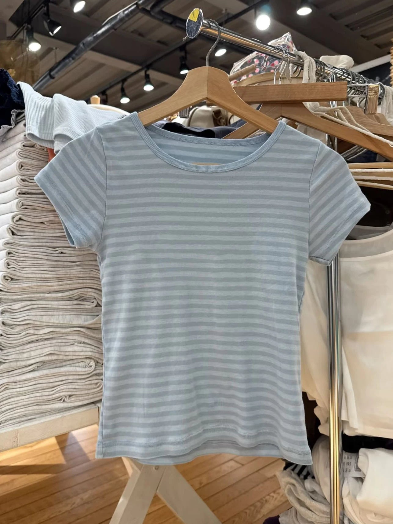 Blue Striped O-neck T-shirts Women Summer Simple Casual Streetwear Slim Short Sleeve Tees Vintage Preppy Style Sweet Tshirt Y2K