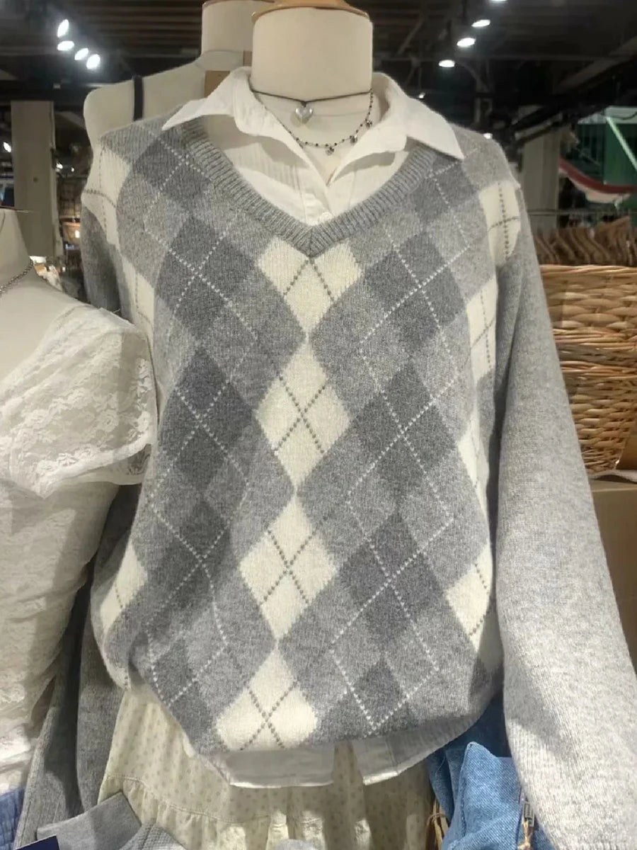 Fashion Loose Argyle Preppy Sweater Women Autumn Cotton V-neck Casual Long Sleeve Pullover Tops Streetwear Vintage Chic Jumpers