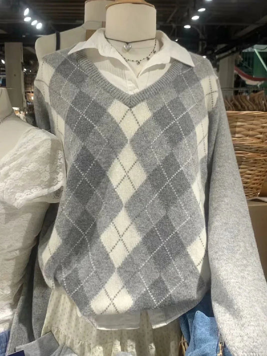Fashion Loose Argyle Preppy Sweater Women Autumn Cotton V-neck Casual Long Sleeve Pullover Tops Streetwear Vintage Chic Jumpers