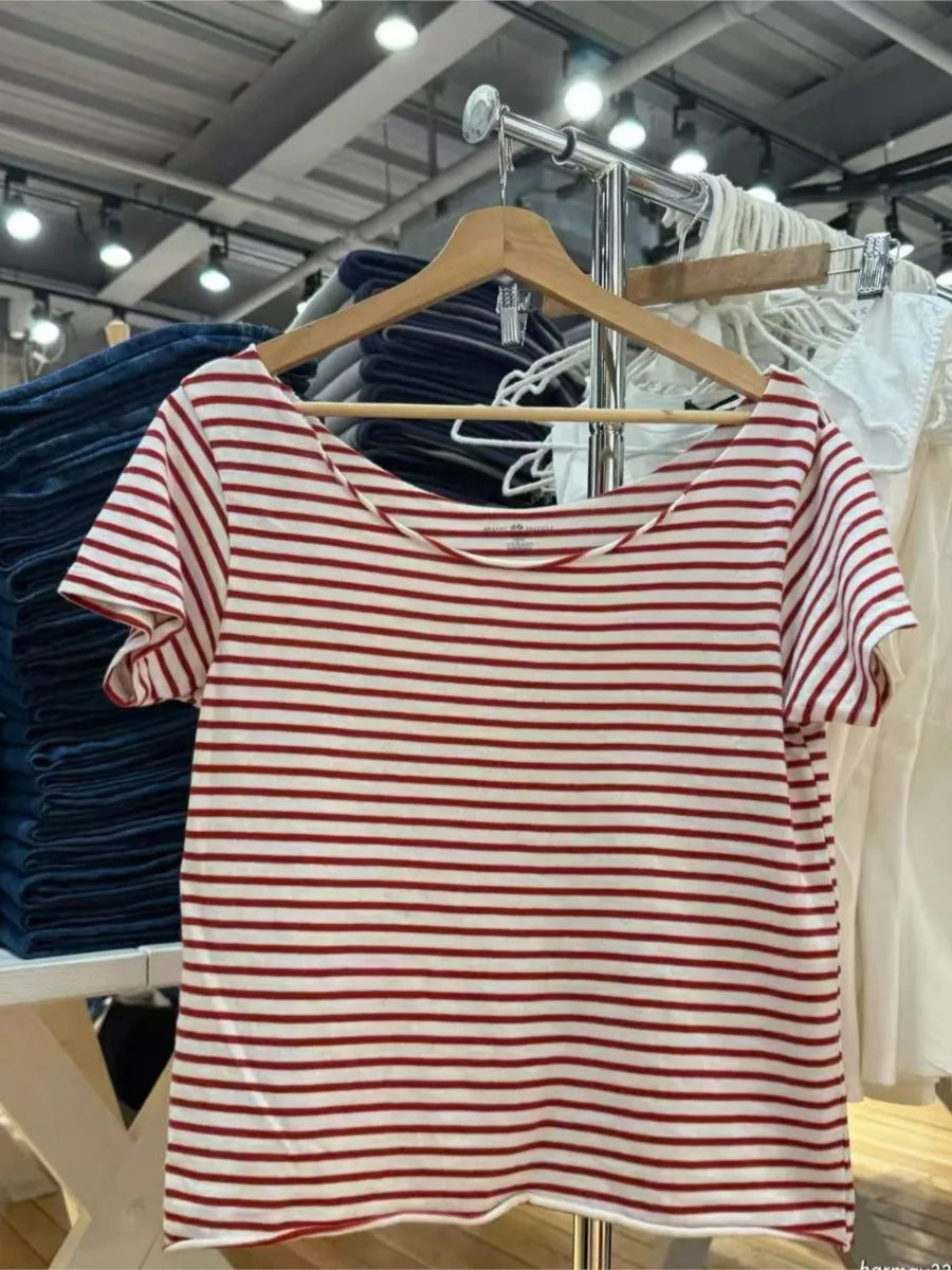 Red Striped Raw Hem Crop Tops Women Summer Sexy Slash Neck Slim Cotton Short Sleeve Tees Female Vintage Chic Sweet T-shirts New