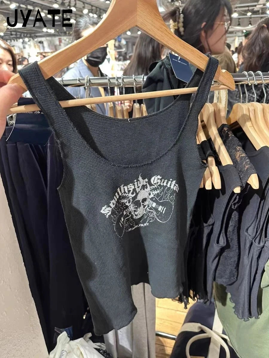 Fashion Skull Graphic Print Waffle Tank Tops Women New Casual Preppy Style Slim Sleeveless Vests Harajuku Vintage Chic Camis Y2K