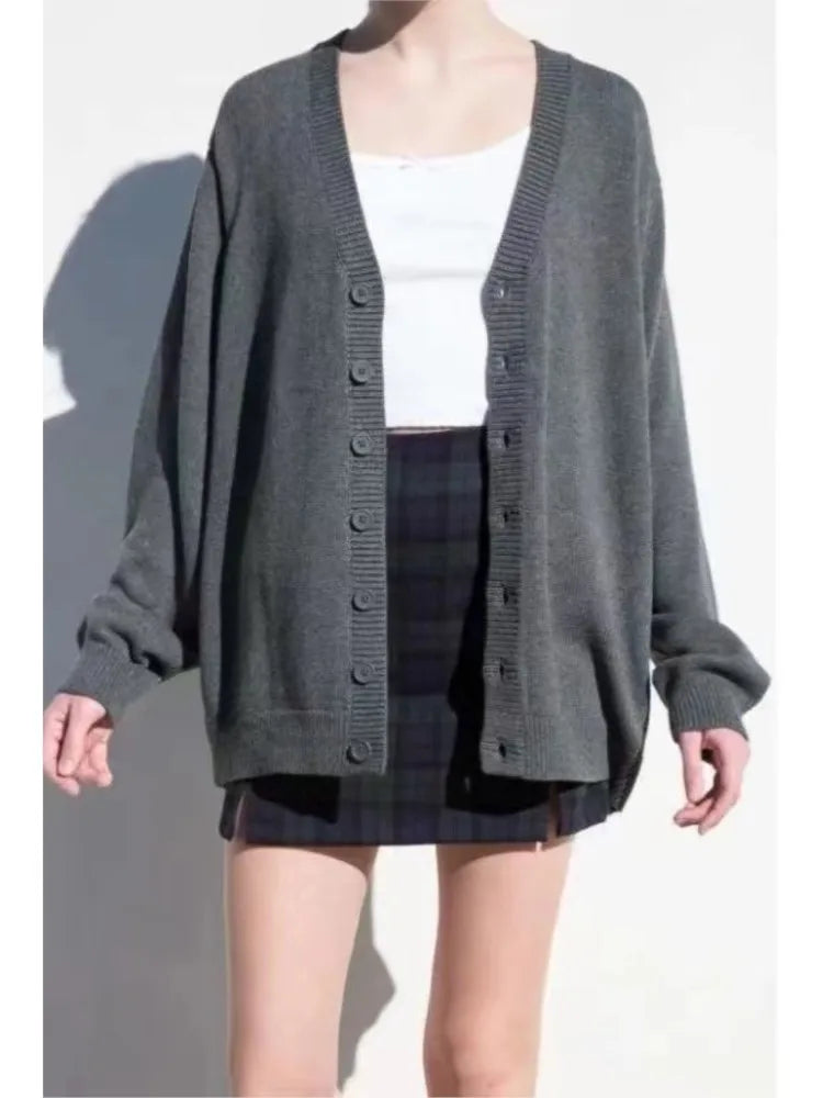 Solid Simple V-neck Buttons Cardigan Women Autumn Cotton Warm Knitted Basic Casual Jumper Tops Vintage Chic Sweet Y2K Sweater