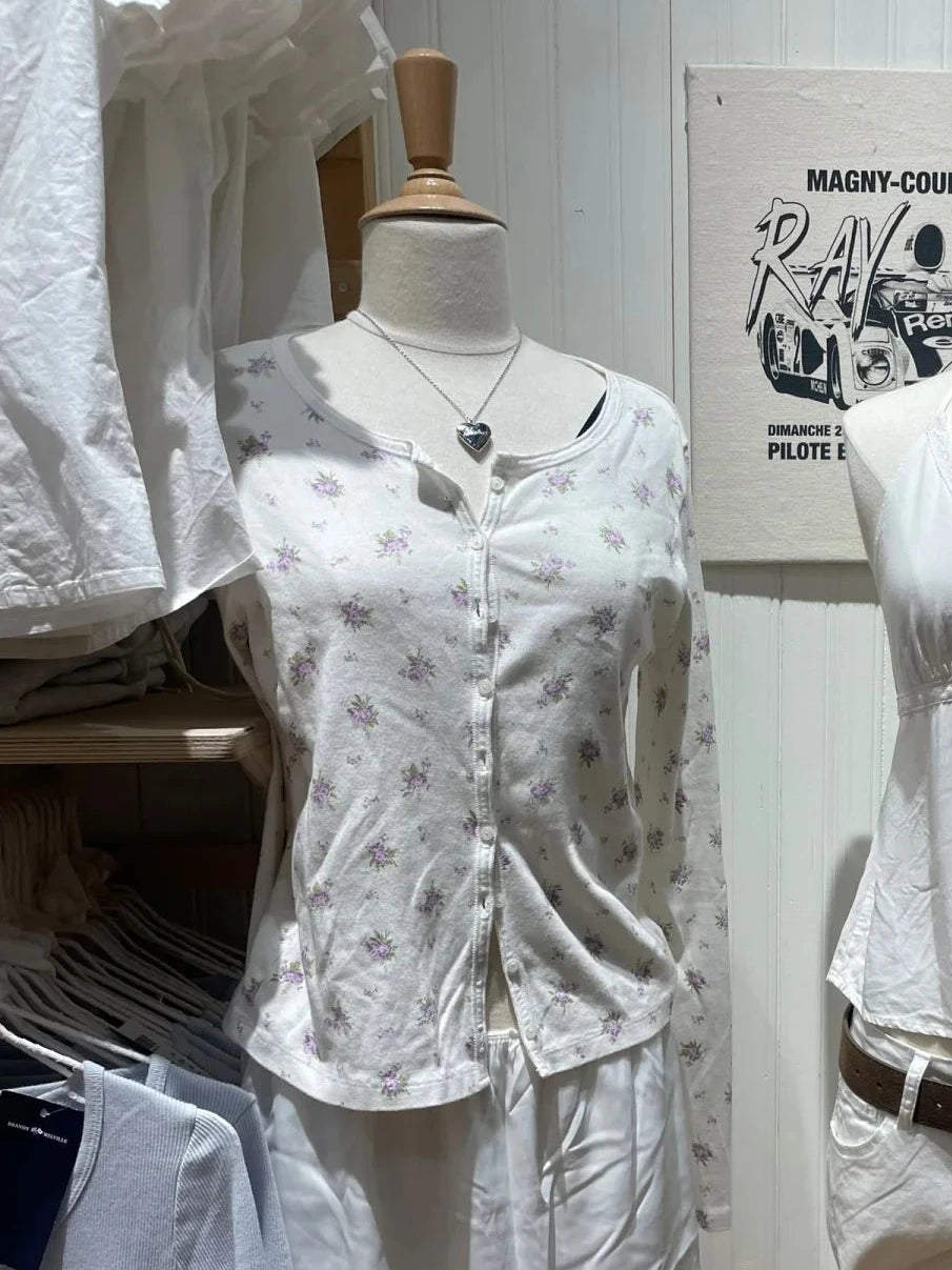 Spring Eyelet Long Sleeve T-shirt Women Simple Slim O-neck Single Breasted Cotton Tee Shirts Cute Sweet Preppy Style Tops