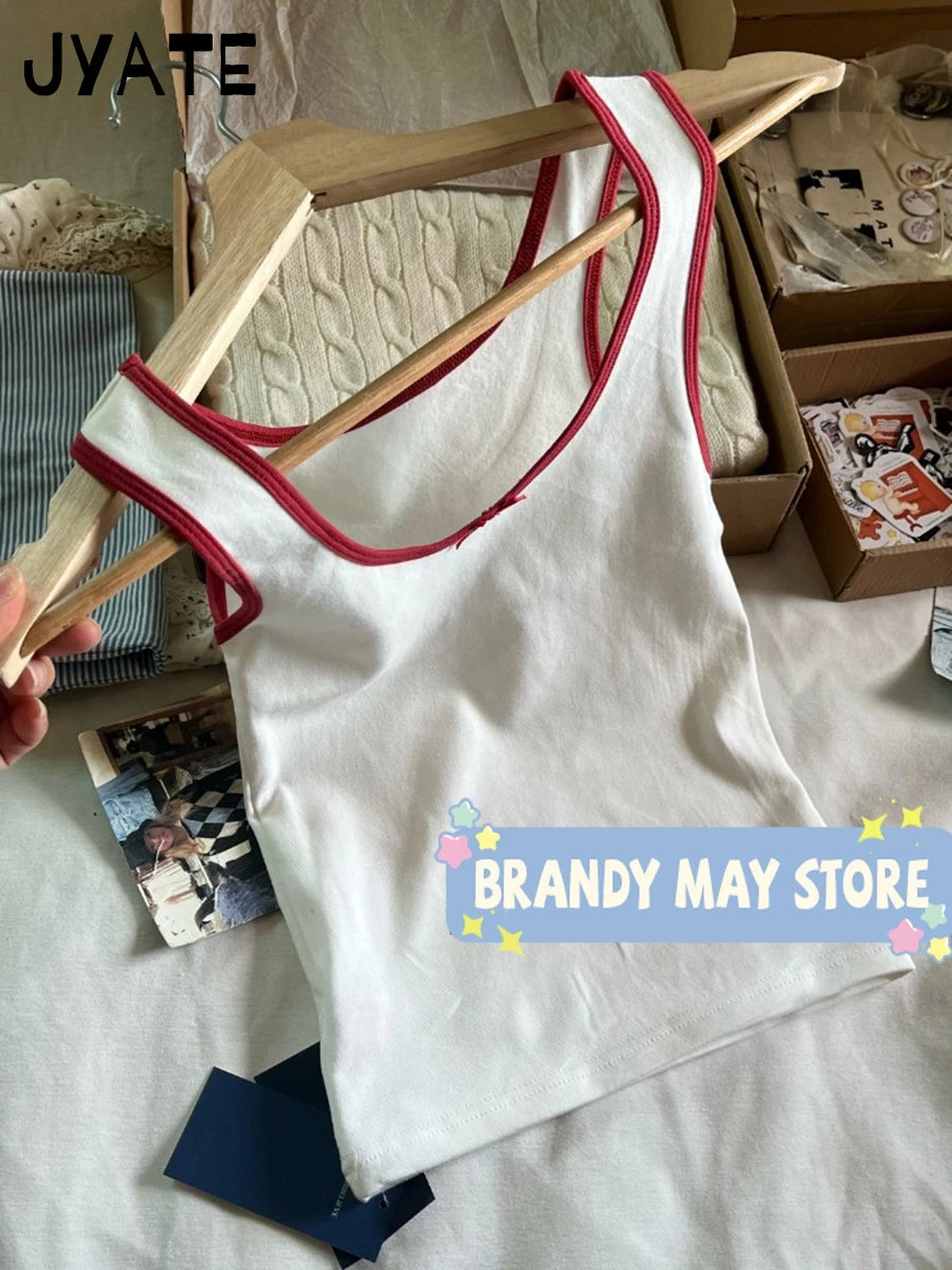 Sweet Bow U Collar Tank Tops Women Summer New Casual Streetwear Patchwork Sleeveless Vests Vintage Chic Preppy Style Camis Y2K