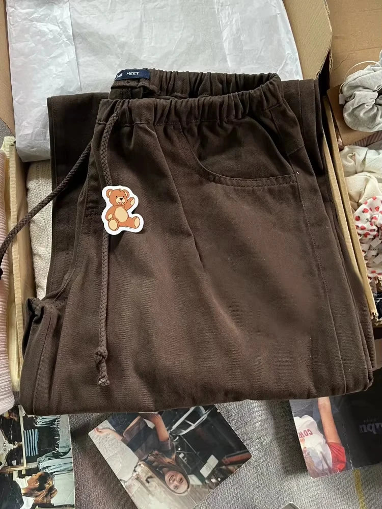 Brown Frankie Pockets Drawstring Pants Women Autumn Sexy Low Waist Straight Long Pant Baggy Vintage Loose Preppy Style Trousers
