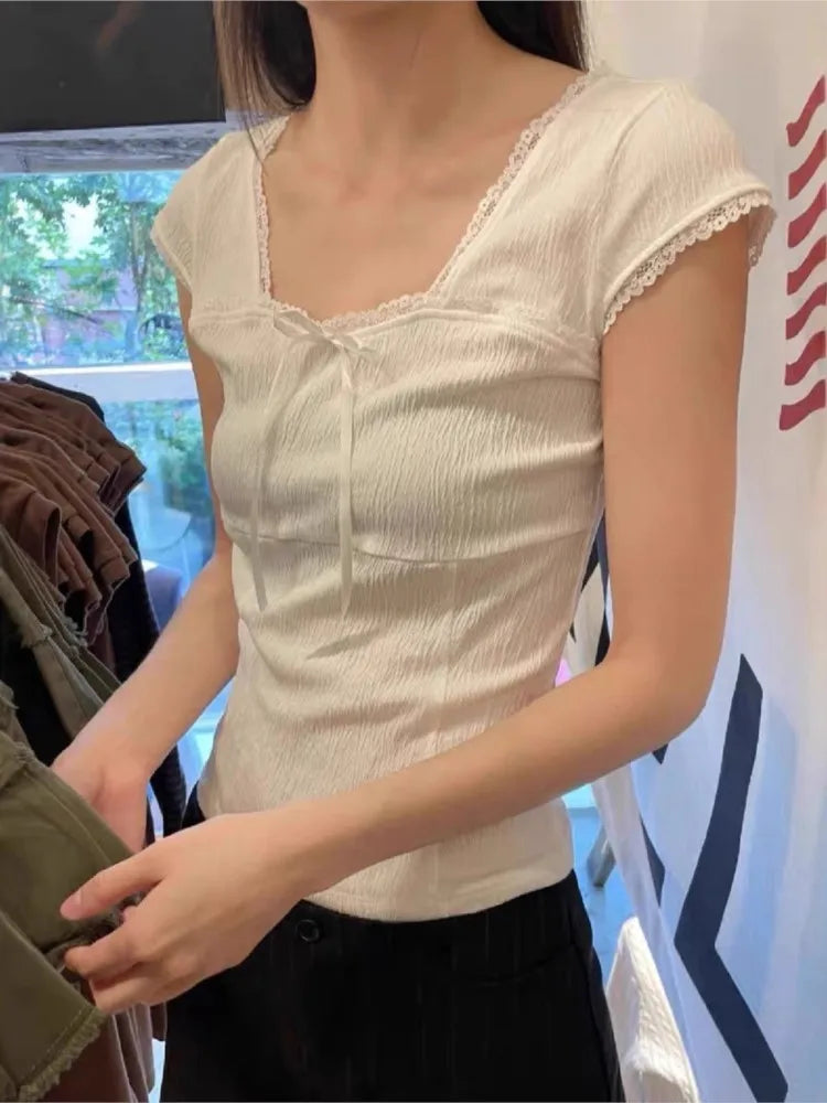 Lace Trim Square Neck T-shirts Women Summer New Casual Slim Bow Folds Texture Short Sleeve Tees Sweet Cute Preppy Style Tops Y2K
