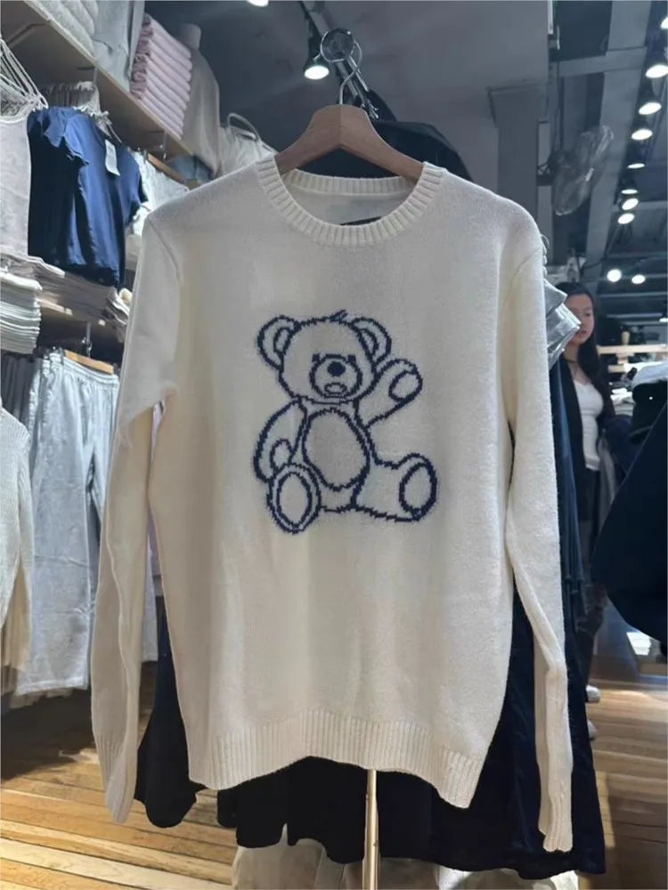 Bears Jacquard Cute Knit Sweaters Women Spring O-neck Long Sleeve Cotton Jumper Vintage Sweet Preppy Style Pull Sweater Tops Y2K