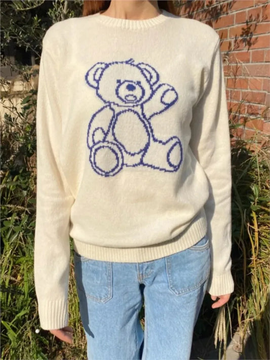 Bears Jacquard Cute Knit Sweaters Women Spring O-neck Long Sleeve Cotton Jumper Vintage Sweet Preppy Style Pull Sweater Tops Y2K