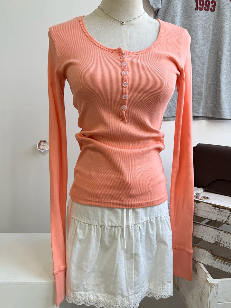 Navy Six ButtonsT-shirts Women Autumn New Round Neck Cotton Ribbed Slim  Long Sleeve Tee Top Casual Vintage Chic Tshirt Y2k Tops