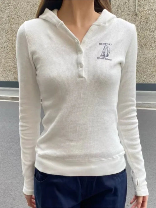White Buttons Long Sleeve T-Shirts Women Waffle Casual Streetwear O-Neck Loose Hoodies Tops Vintage Sweet Preppy Style Tees Y2K