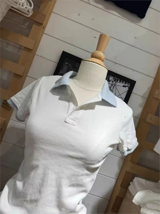 White Blue Patchwork Polo T-shirt Women Summer Cotton Turn Down Collar Short Sleeve Tees Sweet Preppy Style T Shirt Clothes Y2K