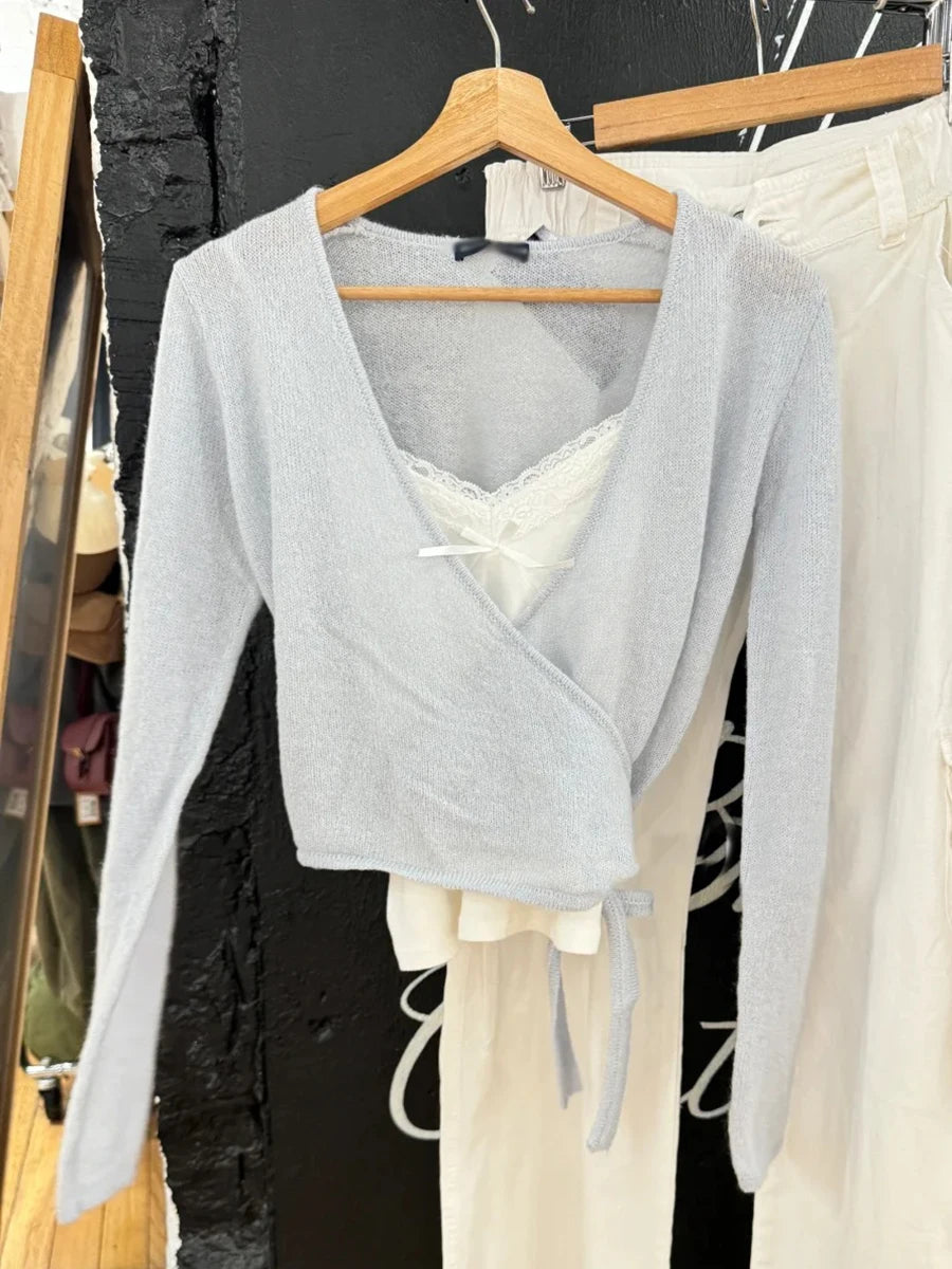 Blue Lace-up Knitted Mohair Sweater Cardigan Women Solid V-neck Cute Long Sleeve Sweaters Sweet Vintage Knitwear Y2K Crop Tops