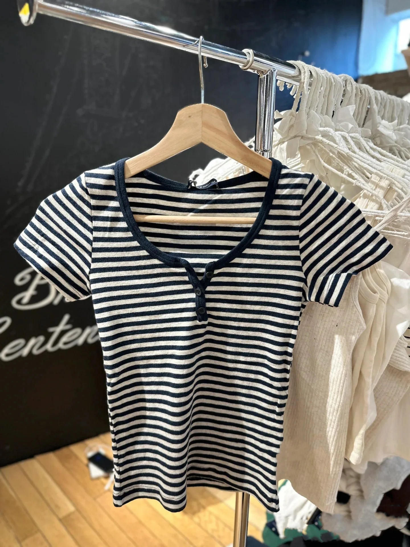 Sweet Little Pink Striped T-shirts Women New Cotton O-neck Casual Slim Buttons Short Sleeve Tees Cute Basic Girls Tshirt Y2K Top