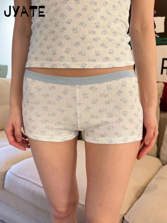 Cute Little Bear Print Waffle Short Pants Women New Elastic Waist Patchwork Slim Home Underwear Sweet Vintage Chic Pajama Shorts