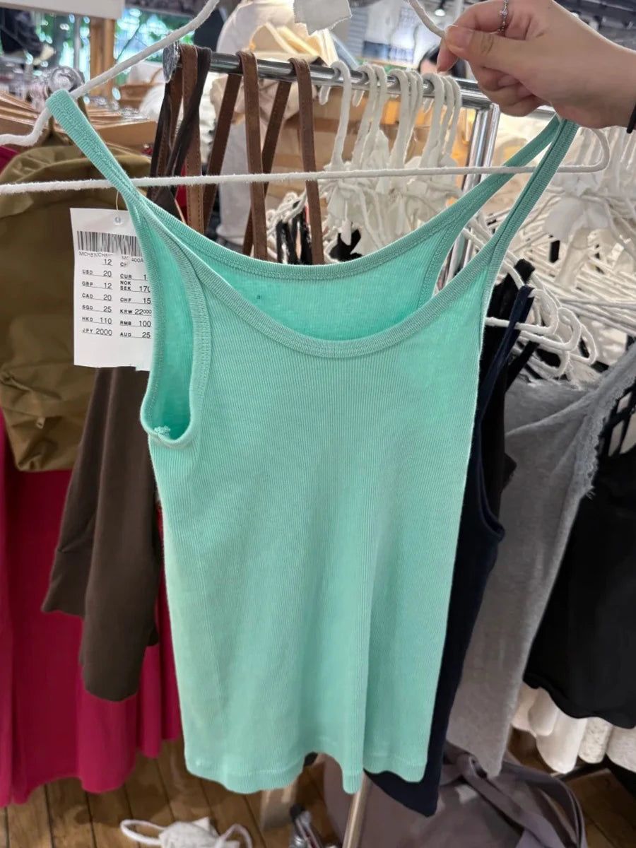 Mint blue Ribbed Slim Tank Tops Women Summer Cotton Casual Streetwear Sleeveless Vests Vintage Sweet Simple All-match Camisole