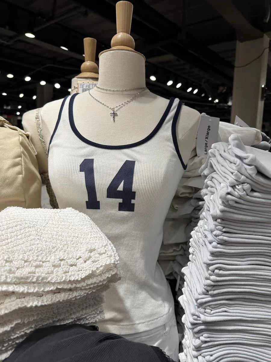 Vintage 14 Print Ribbed Slim Tank Top Women Spring U Collar Sleeveless Cotton Camisole Top Casual Streetwear Sweet Vest Y2K Tops