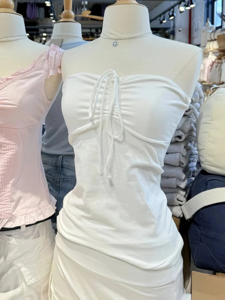 Red Drawstring Folds Strapless Tank Tops Women Casual Simple Cotton Slim All-match Vest Sweet Chic Preppy Style Camisole Y2K