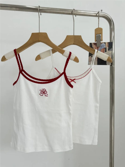 Heart Eyelet Red Bow Camisole Women Casual Slim Lace Trim Sleeveless Cotton Tank Top Female Sweet Cute Preppy Style Crop Tops