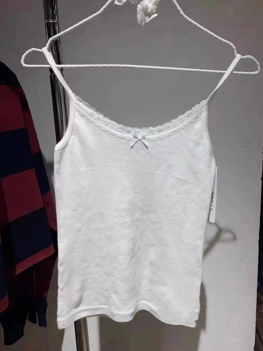 White Eyelet Lace Camisole Women Summer New Casual Streetwear Slim Cotton Sleeveless Tank Tops Sweet Cute Simple Camisole Y2K