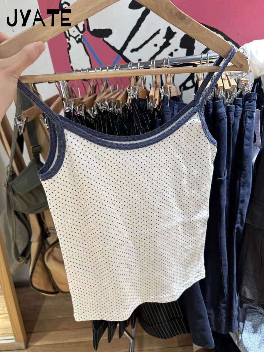 Blue Polka Dots Print Tank Tops Women New Casual Cotton Slim Patchwork Hollow Out Sleeveless Vests Vintage Sweet Cute Camis Y2K