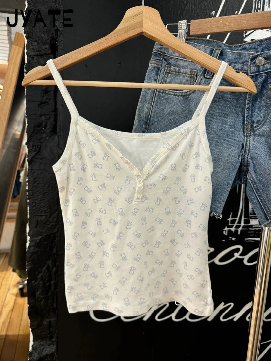 Sweet Bear Print Buttons V-neck Camis Women New Casual Cotton Soft Pajama Sleeveless Vests Cute Vintage Preppy Style Tank Tops