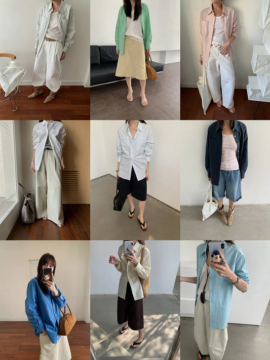 Basic Simple Buttons Blouse Tops Women New Streetwear Solid Turn-down Collar Long Sleeve Tee Sweet Chic Elegant T-shirts Y2K Top
