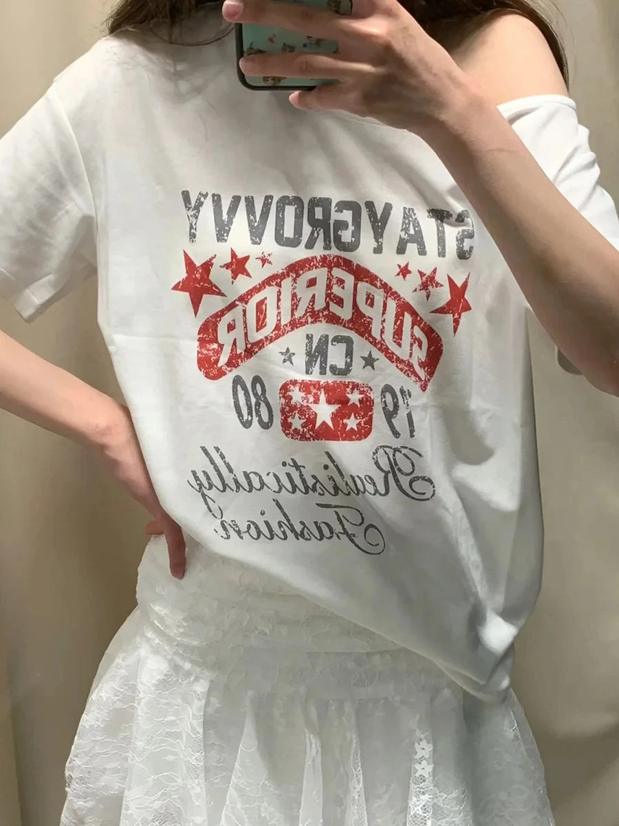 NO.84 Print Slash Neck T-shirts Women Summer New Sexy Cotton Slim Short Sleeve Tees Vintage Sweet Preppy Style Tshirt Y2K Tops