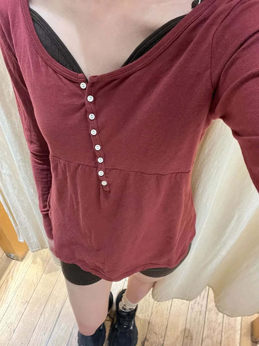 Buttons Burgundy Long Sleeve T-shirts Woman Spring O-neck A-line Cotton Tee Tops Female Casual Simple All-match Tshirt