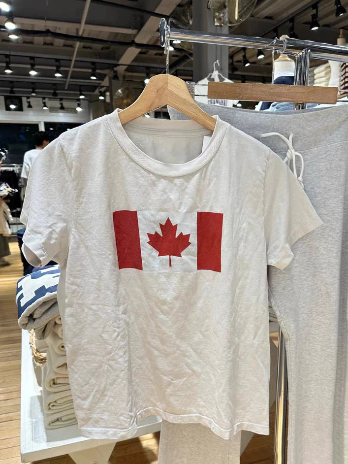 Fashion Flag Print Vintage T-Shirt Woman Summer Cotton O-Neck Short Sleeve Tee Shirts Female Vintage Streetwear Sweet Tshirt Y2K