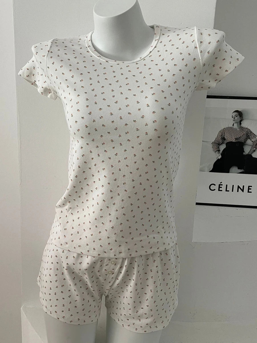 Eyelet Floral Print T-shirt Shorts Outfit Women Cotton O-neck Slim Tees +Buttons Straight Sweatshort Sweet Home 2 Pieces Set New