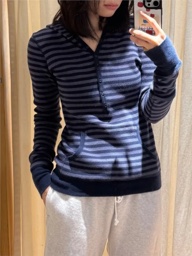 New Waffle Hooded T-shirt Women Casual Button Cotton Slim Long Sleeve Tee Shirt Vintage American Preppy Style Tshirt Y2k