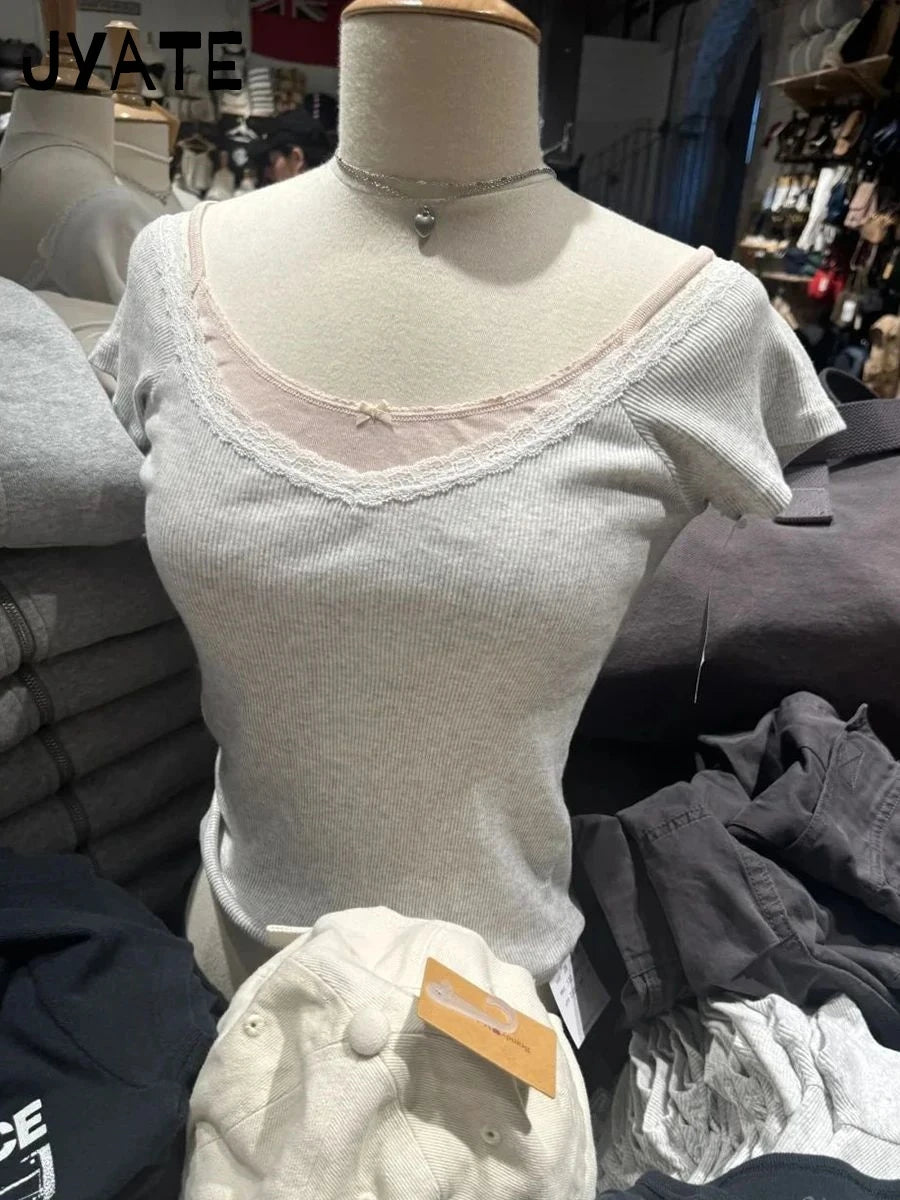 Blue Lace Trim Slim Slash Neck T-shirts Female New Cotton Casual Simple Short Sleeve Tees Vintage Chic Sweet Tops Women Clothes