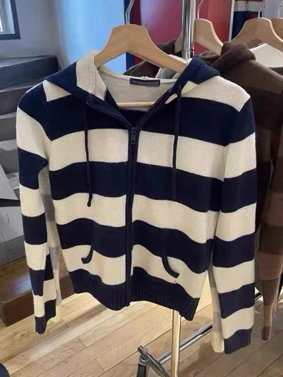 Fashion Striped Pockets Knitted Hooded Sweater Women Autumn Cotton Retro Crop Pullover Tops Vintage Chic Sweet Cardigan Jumper