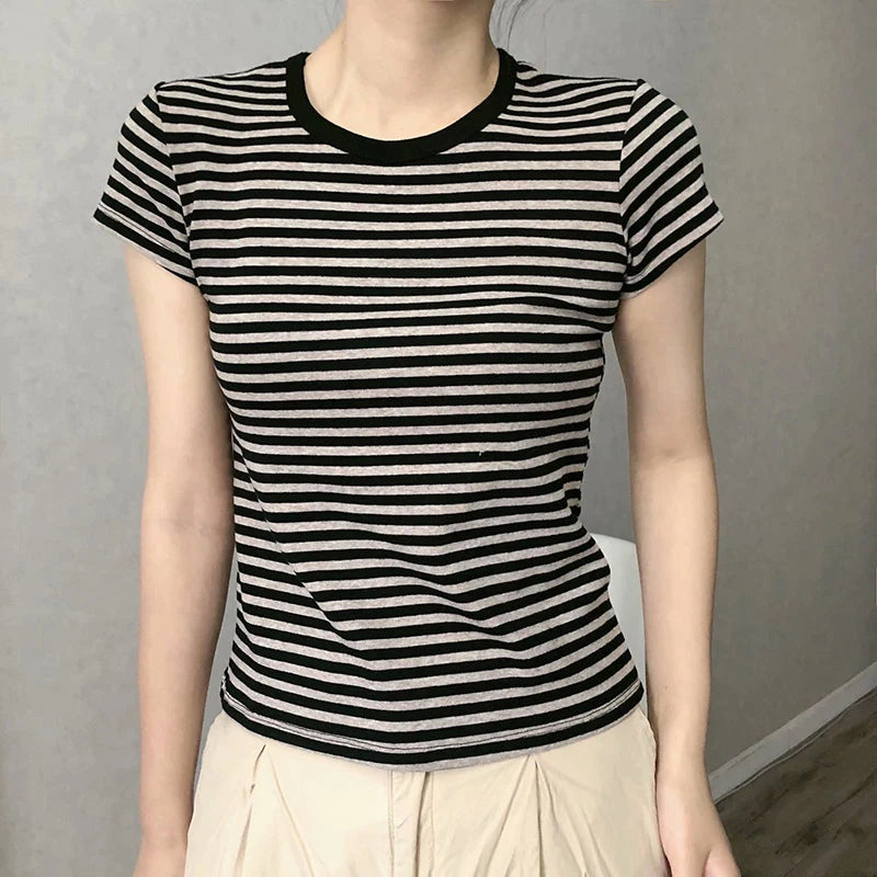 Sweet Pink Striped Slim T-shirt Women Spring Round Neck Cotton Short Sleeve Tee Shirts Female Cute Preppy Style Y2K T shirts New