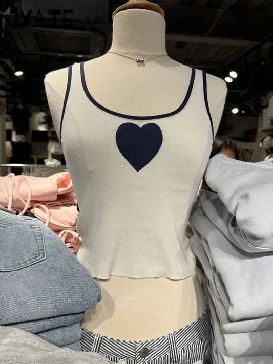 Heart White U Collar Cotton Tank Tops Women Summer New Ribbed Slim Sexy Raw Hem Sleeveless Vests Vintage Chic Harajuku Crop Top
