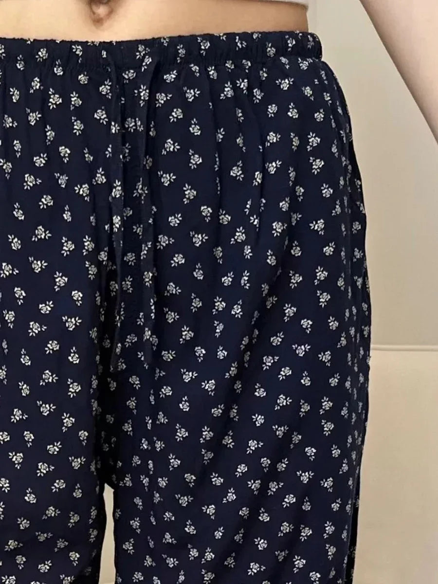 Floral Navy Drawstring Long Pants Women Summer High Waist Cotton Loose Straight Sweatpant Y2k Casual Sweet Streetwear Trousers
