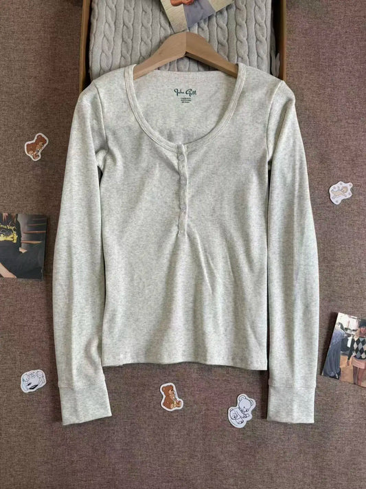 Light Gray Ribbed Long Sleeve Tee Women Autumn Six Button Cotton Casual Patchwork Slim T-Shirts Sweet Chic Simple Tops Y2K New
