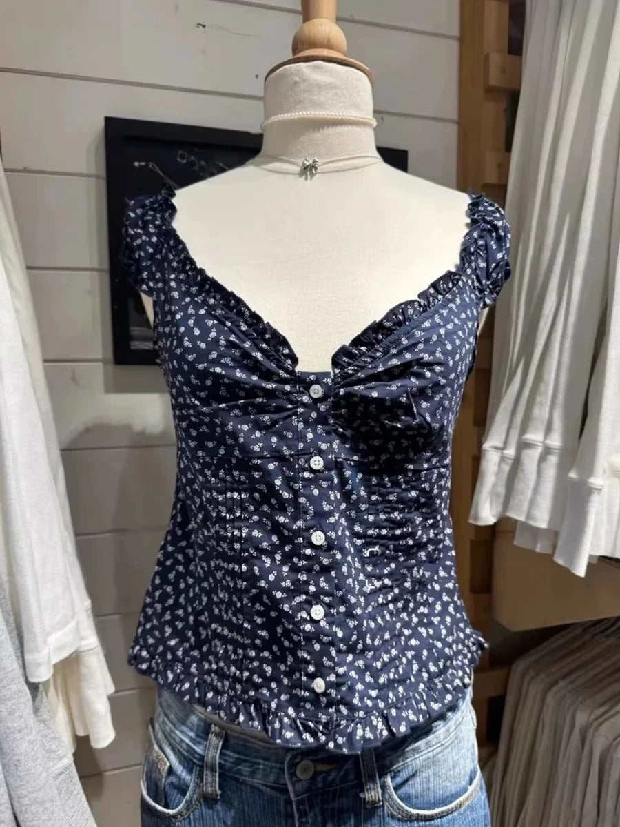 Navy Floral Folds Ruffle Sleeveless Tank Tops Women Summer New Single Breasted Blouse Top Vest Vintage Sweet Preppy Style Camis