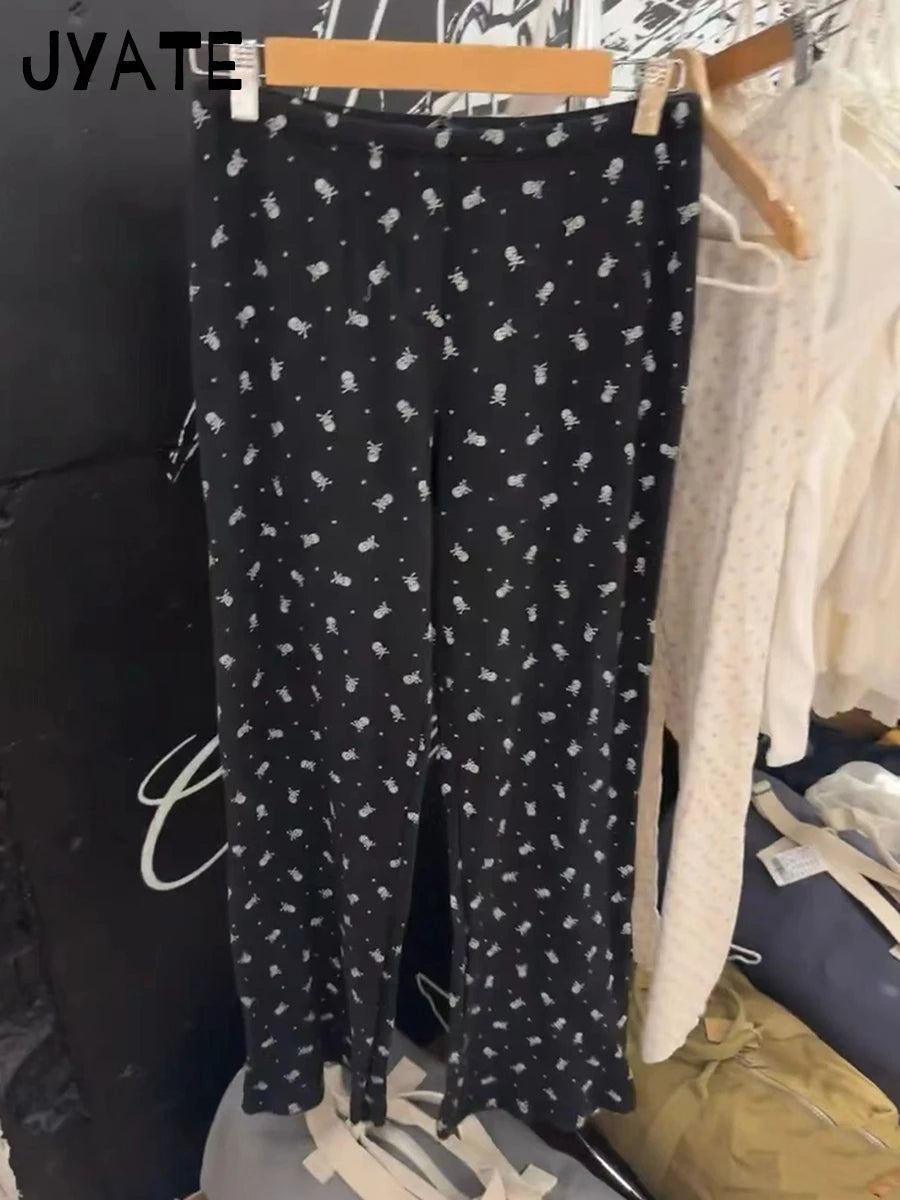 Harajuku Black Skulls Print Waffle Long Pants Women New Casual Elastic High Waist Straight Pant Vintage Preppy Chic Trousers Y2K