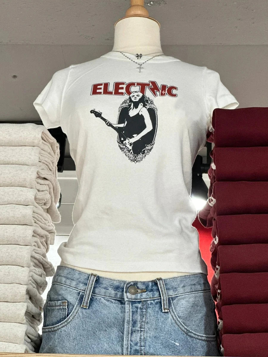 Fashion Slim Simple Letter Print Crop Tops Women Chic Streetwear Cotton O-neck Short Sleeve Tees Female Casual Vintage Y2K Tops