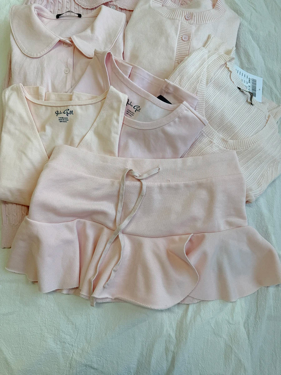 Mini Ballet Faldas Sets Women Casual Chic Pink Lace-up A-line Skirts Set Cute Sweet Preppy Style Short Skirt 2 Piece Set