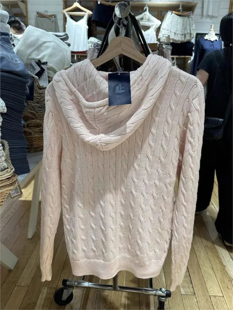 Sweet Twisted Flower Knitted Cardigan Sweater Women Long Sleeve Drawstring Hooded Zipper Streetwear Cute Sweaters Coat Y2K Tops