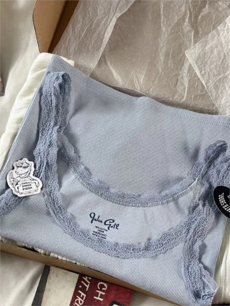 Vintage Lace Trim Blue Ribbed Camis Women New Casual Streetwear Slim Sexy Cotton Sleeveless Vests Sweet Cute Chic Tank Tops Y2K