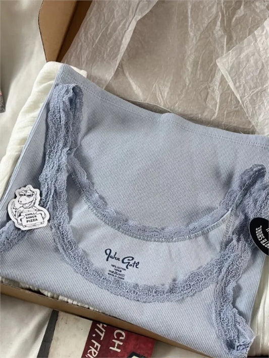 Vintage Lace Trim Blue Ribbed Camis Women New Casual Streetwear Slim Sexy Cotton Sleeveless Vests Sweet Cute Chic Tank Tops Y2K